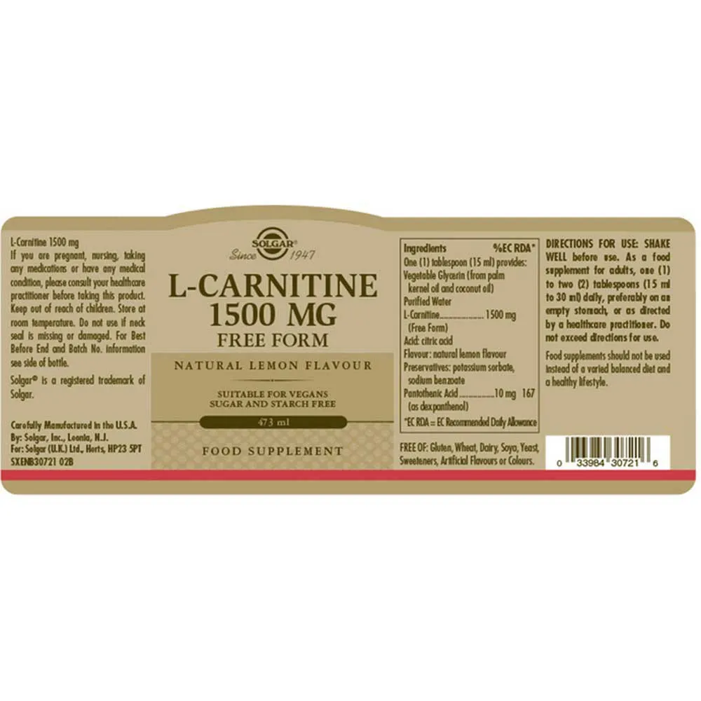 Solgar L-karnitin Flytande 1500 Mg 473ml, Brown, One Size Solgar L-karnitin Flytande 1500 Mg 473ml, Brown, One Size