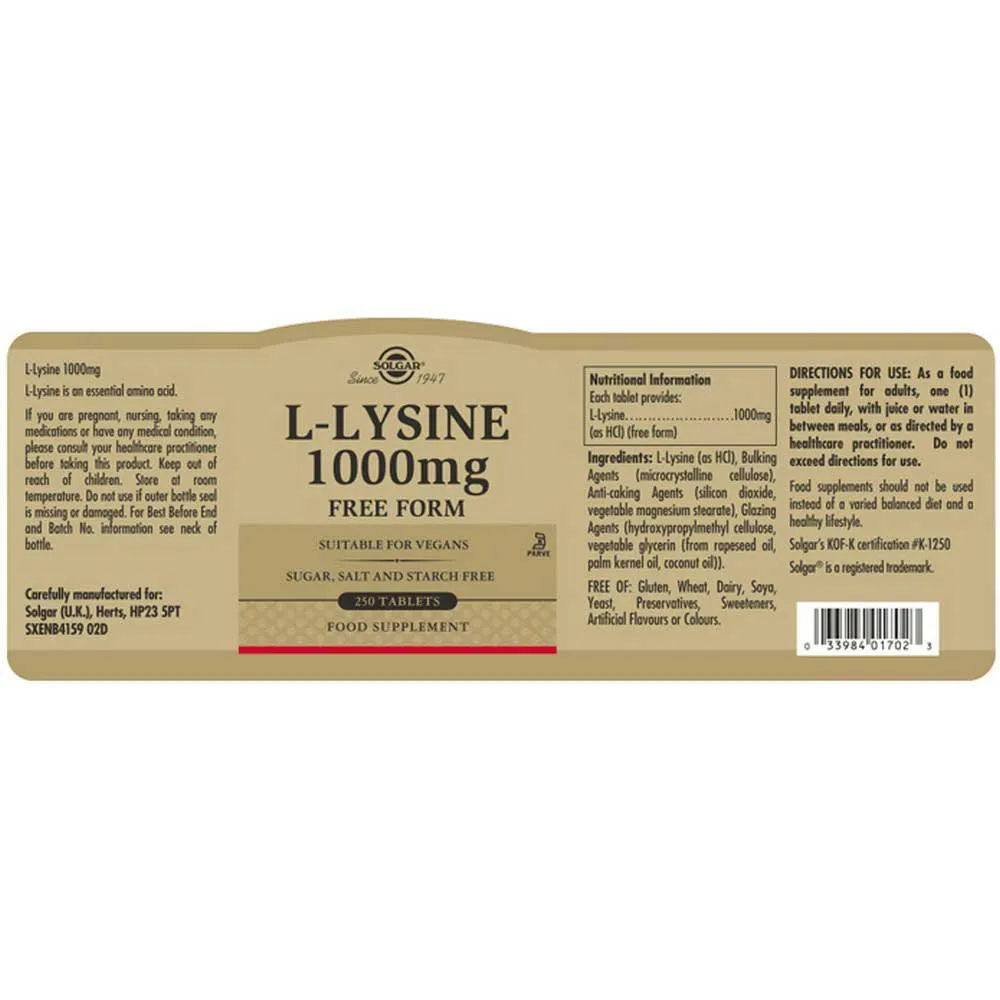 Solgar L-lysin 1000 Mg 250 Enheter, Brown, One Size Solgar L-lysin 1000 Mg 250 Enheter, Brown, One Size
