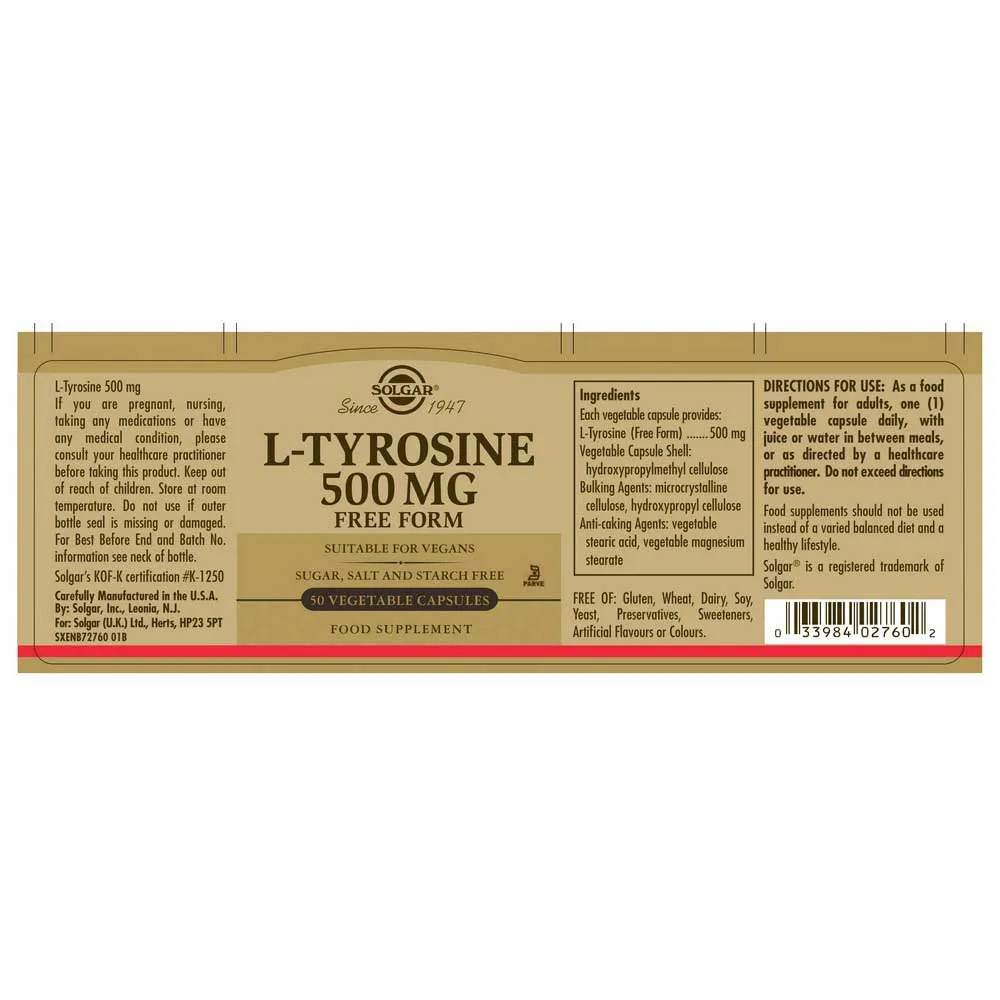 Solgar L-tyrosin 500 Mg 50 Enheter, Brown, One Size