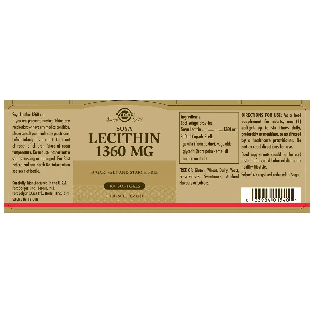 Solgar Lecitin 1360 Mg 100 Enheter, Brown, One Size