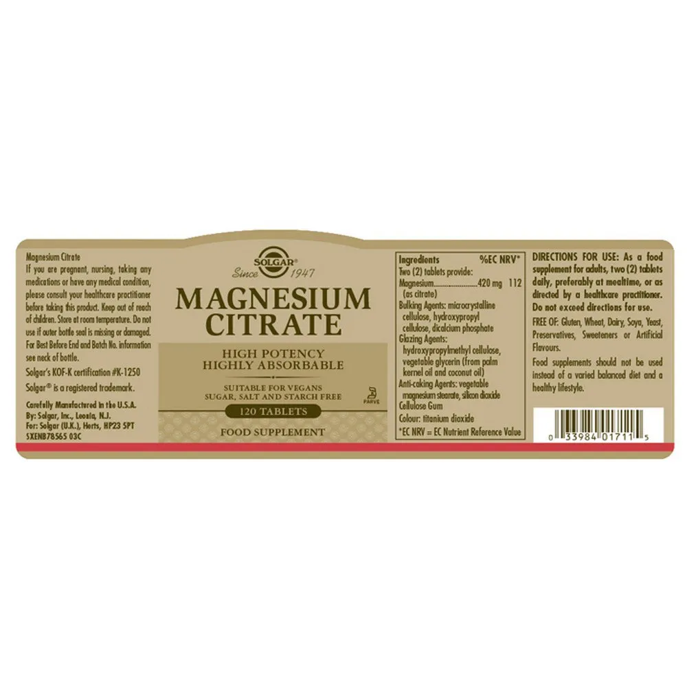 Solgar Magnesium Citrate Tabletter 120 Enheter, One size Solgar Magnesium Citrate Tabletter 120 Enheter, One size