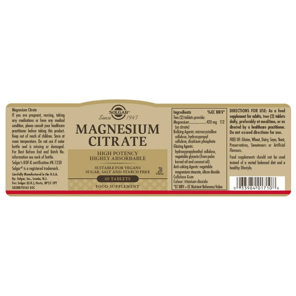 Solgar Magnesium Citrate Tabletter 60 Enheter, Brown, One Size Solgar Magnesium Citrate Tabletter 60 Enheter, Brown, One Size