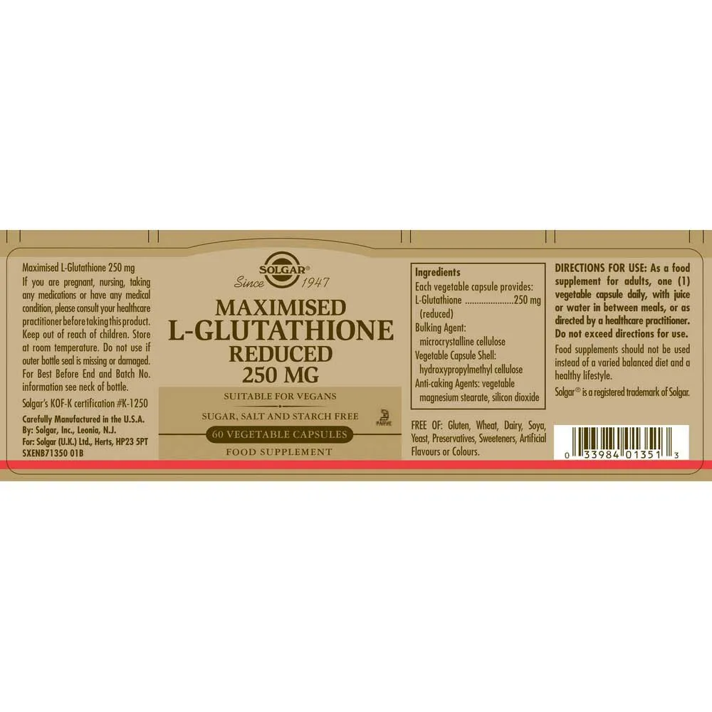 Solgar Maximerad L-glutation 250 Mg 60 Enheter, Brown, One Size Solgar Maximerad L-glutation 250 Mg 60 Enheter, Brown, One Size