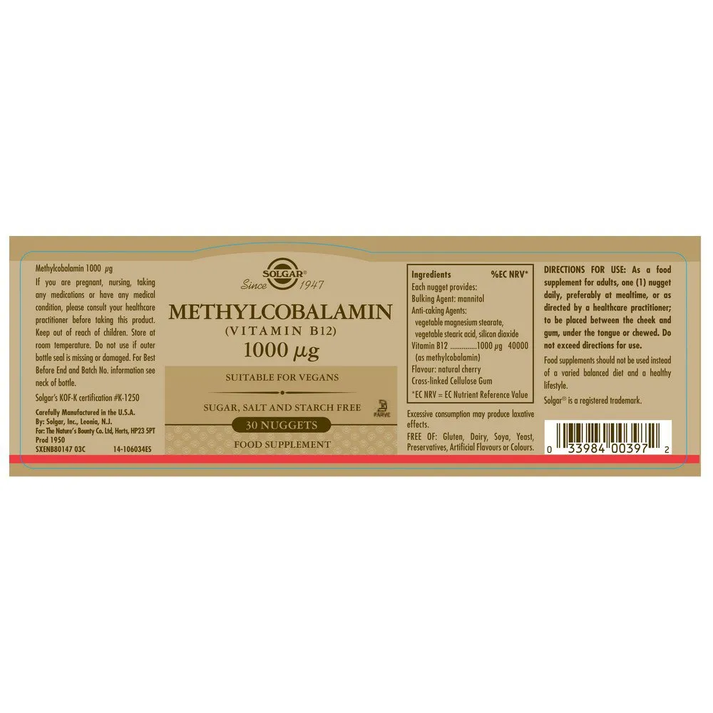 Solgar Metylkobalamin 1000 Mcg 30 Enheter, Black, One Size Solgar Metylkobalamin 1000 Mcg 30 Enheter, Black, One Size