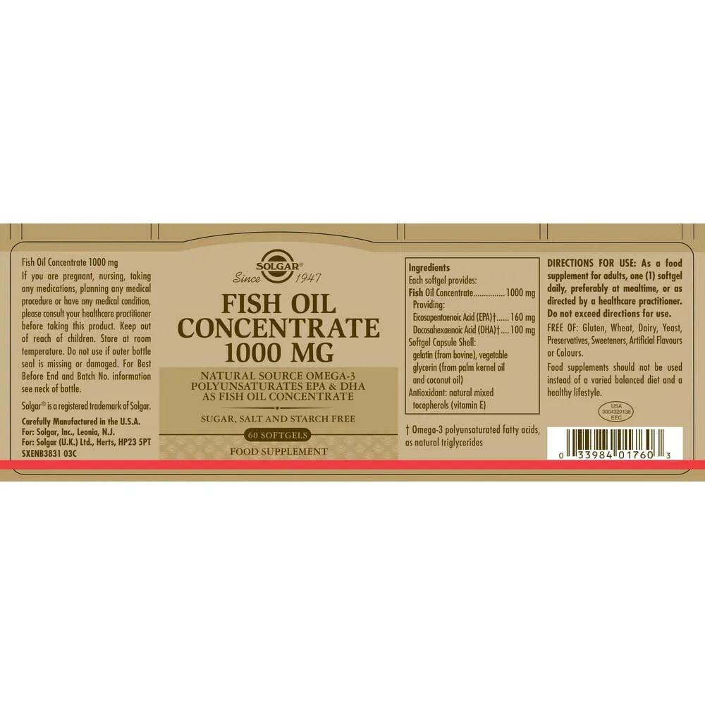 Solgar Oljekoncentrat 1000 Mg Fisk 60 Enheter, Brown, One Size Solgar Oljekoncentrat 1000 Mg Fisk 60 Enheter, Brown, One Size