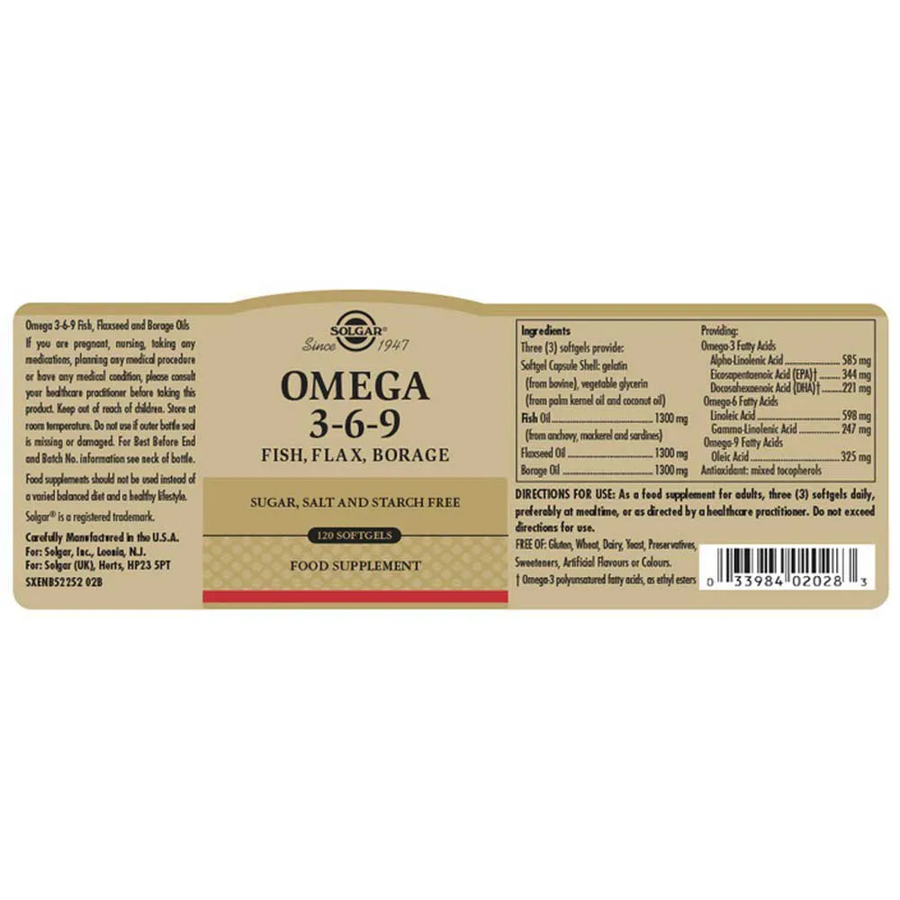 Solgar Omega 3-6-9 Kapslar 120 Enheter, Brown, One Size