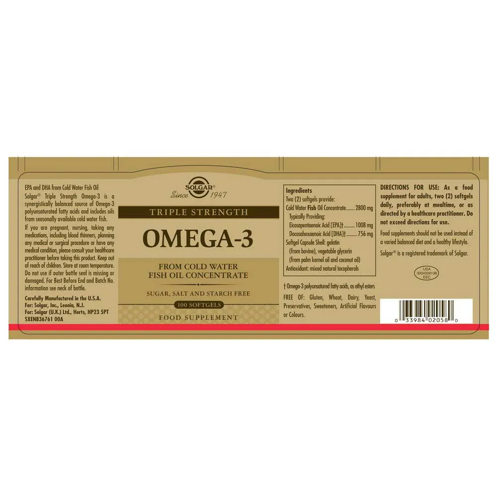 Solgar Omega-3 Trippel Styrka 100 Enheter, Golden, One Size Solgar Omega-3 Trippel Styrka 100 Enheter, Golden, One Size