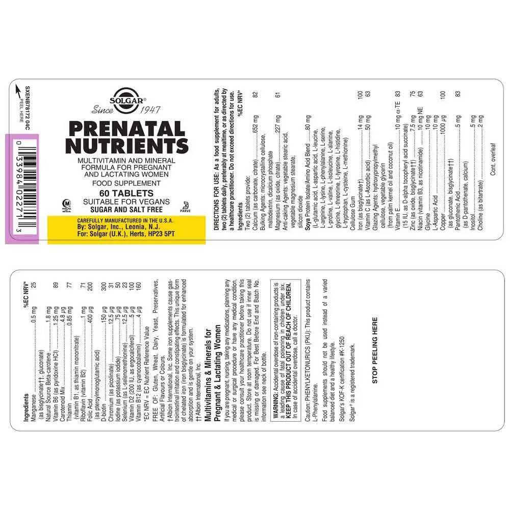 Solgar Prenatal Nutrients Tabletter 60 Enheter, Brown, One Size Solgar Prenatal Nutrients Tabletter 60 Enheter, Brown, One Size