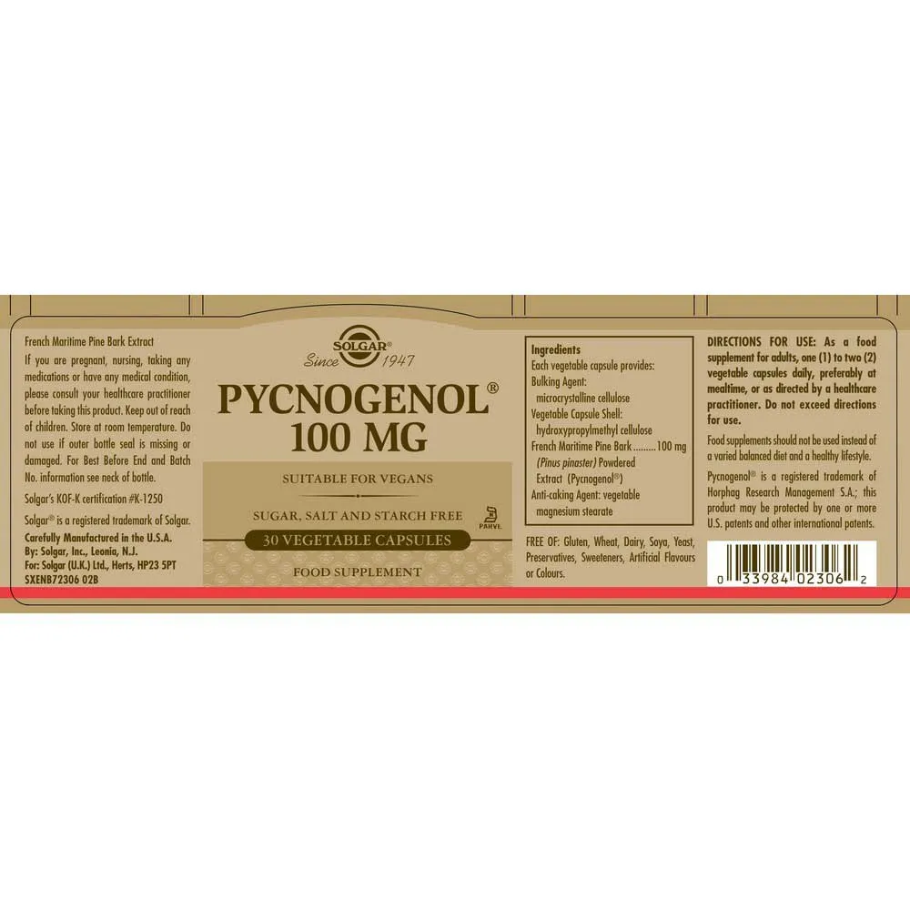 Solgar Pycnogenol 100 Mg 30 Enheter, Brown, One Size Solgar Pycnogenol 100 Mg 30 Enheter, Brown, One Size