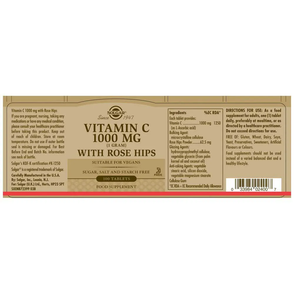Solgar Rose Hips C 1000mg Tabletter 100 Enheter, Brown, One Size Solgar Rose Hips C 1000mg Tabletter 100 Enheter, Brown, One Size