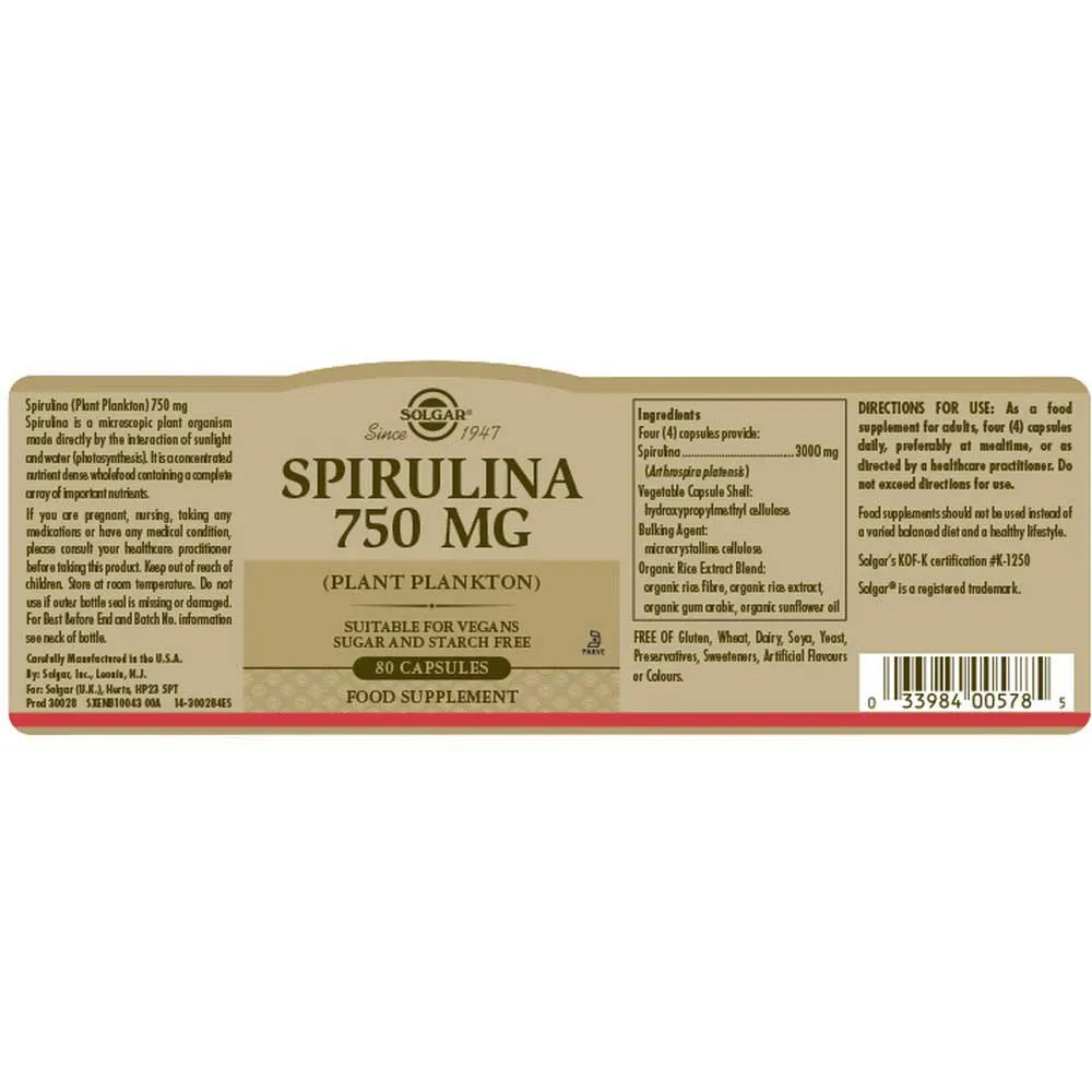 Solgar Spirulina Vegetarian 750mg Tabletter 80 Enheter, Brown, One Size