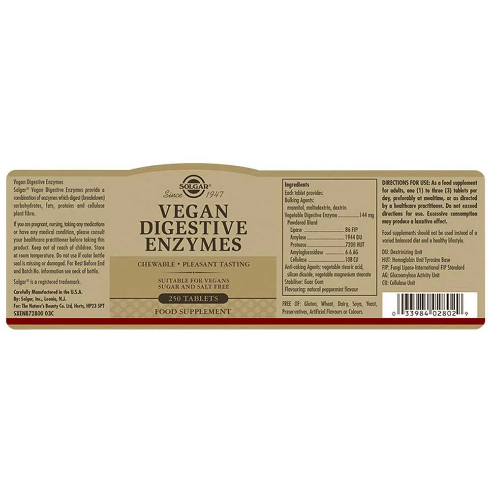 Solgar Vegan Digestive Enzymes Tabletter 250 Enheter, One size
