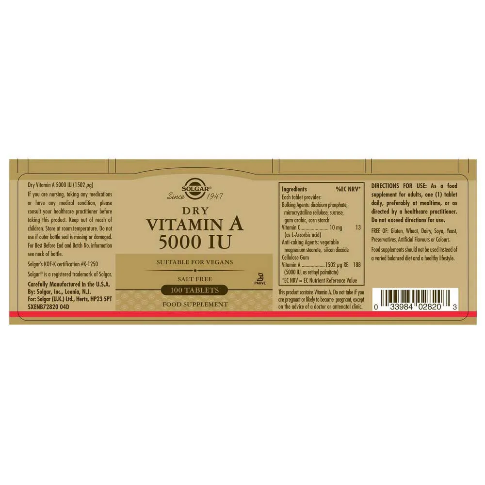 Solgar Vit A 5000iu Dry Tabletter 100 Enheter, Brown, One Size