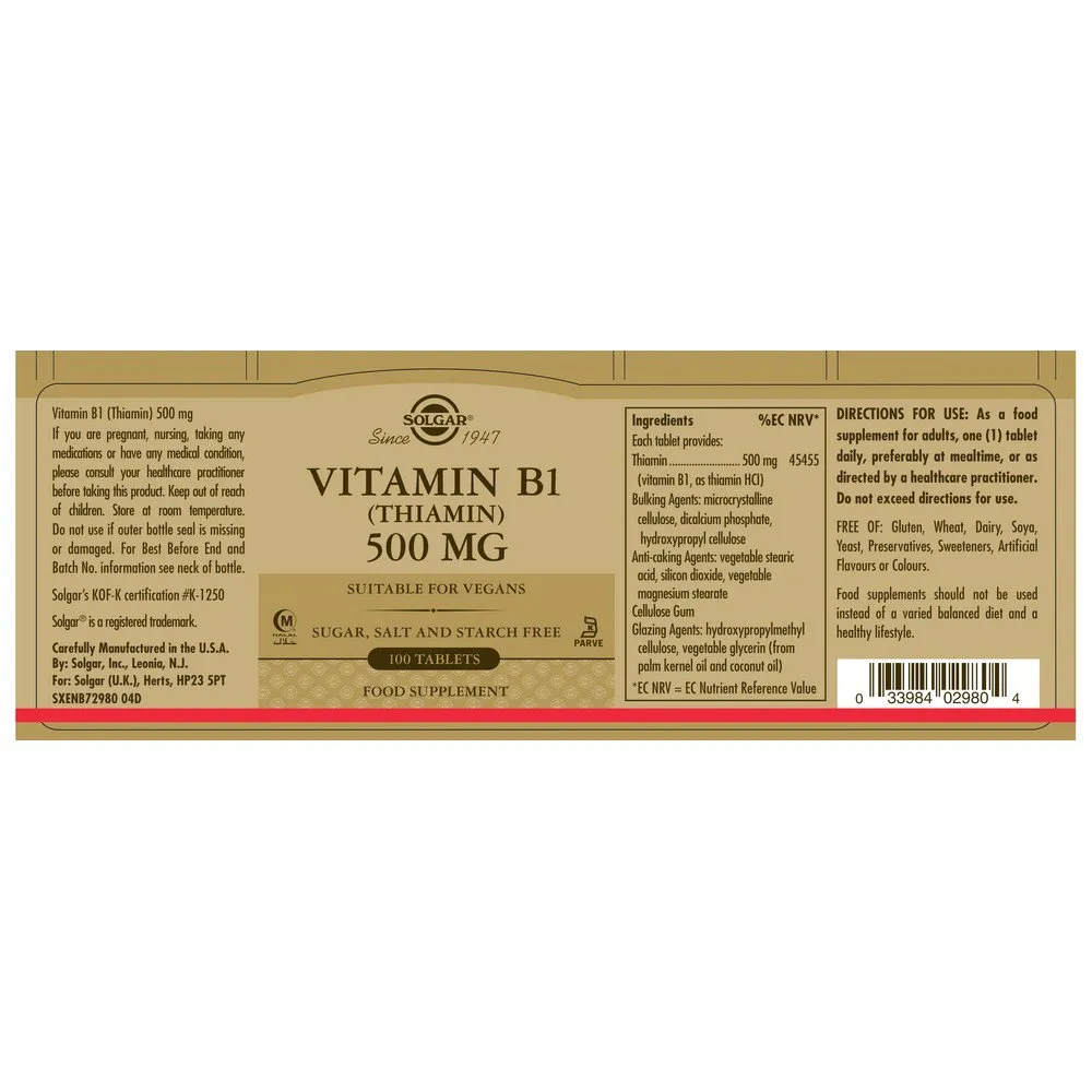 Solgar Vitamin B1 Tiamin 500 Mg 100 Enheter, Brown, One Size Solgar Vitamin B1 Tiamin 500 Mg 100 Enheter, Brown, One Size