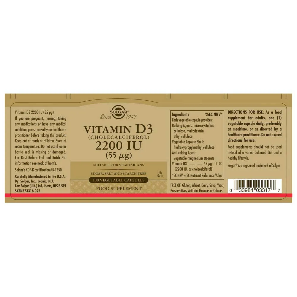 Solgar Vitamin D3 2200 Ie 55 Mcg 100 Enheter, Brown, One Size Solgar Vitamin D3 2200 Ie 55 Mcg 100 Enheter, Brown, One Size