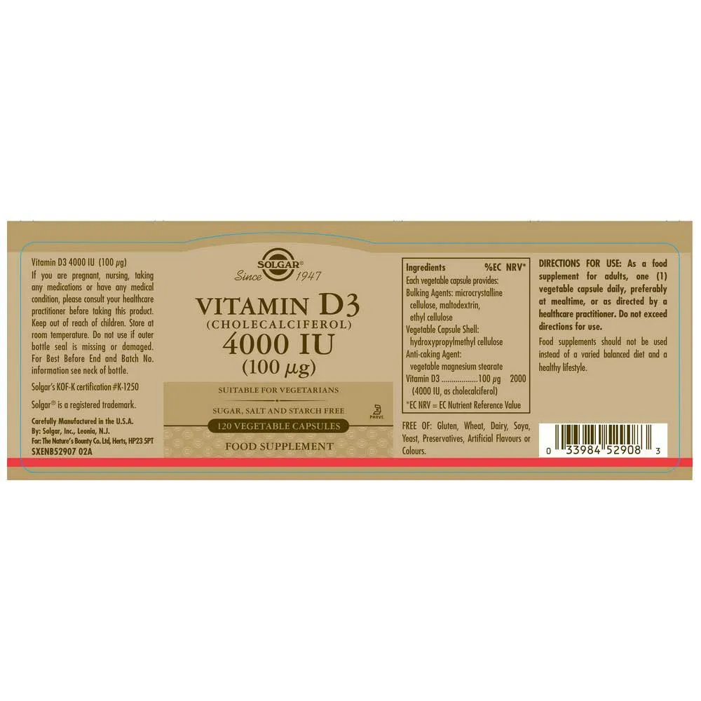 Solgar Vitamin D3 4000 Ie 100 Mcg 120 Enheter, Brown, One Size
