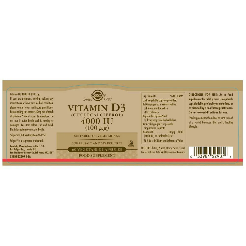 Solgar Vitamin D3 4000 Iu 100 Mcg 60 Enheter, Brown, One Size Solgar Vitamin D3 4000 Iu 100 Mcg 60 Enheter, Brown, One Size