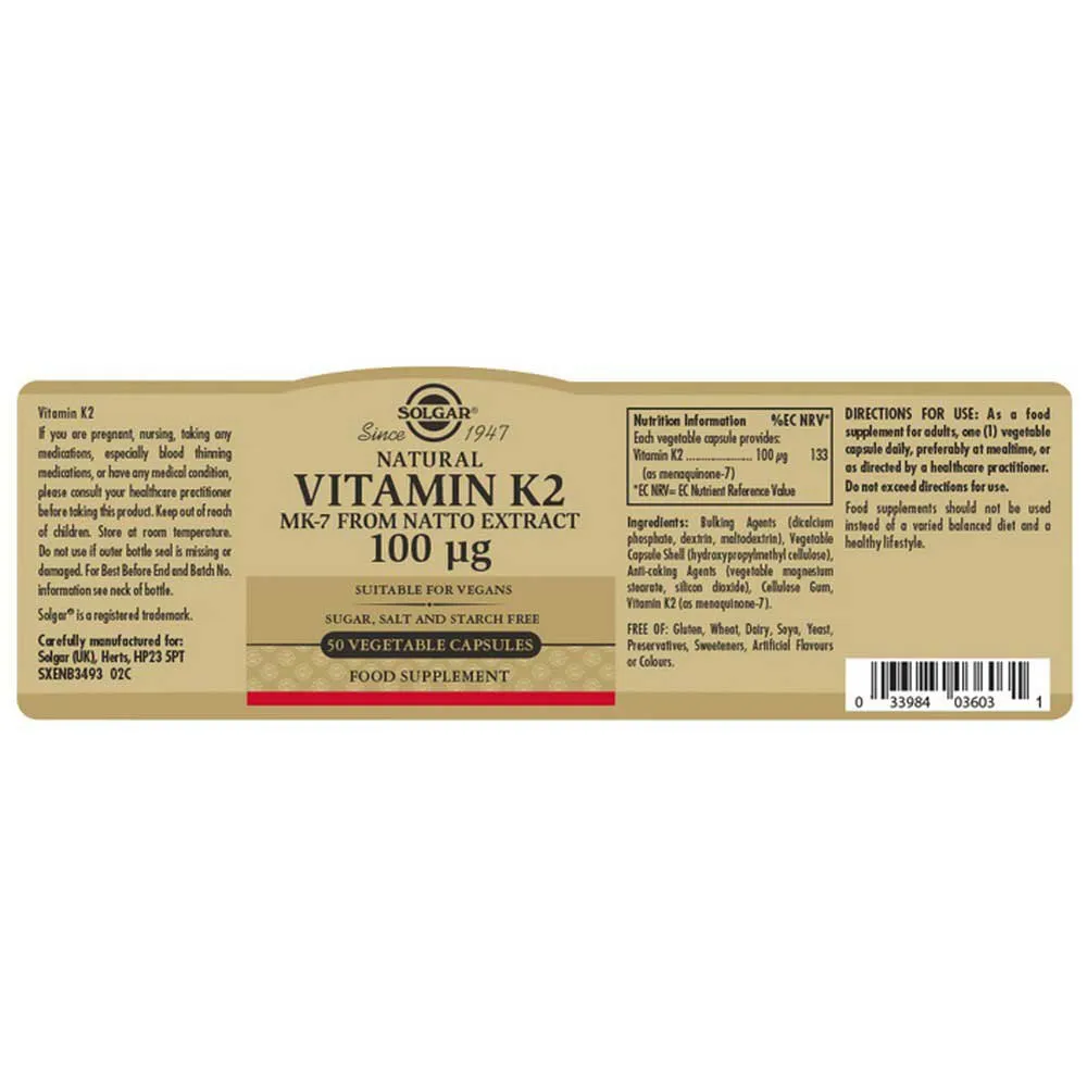 Solgar Vitamin K2 100 Mcg 50 Enheter, Brown, One Size Solgar Vitamin K2 100 Mcg 50 Enheter, Brown, One Size