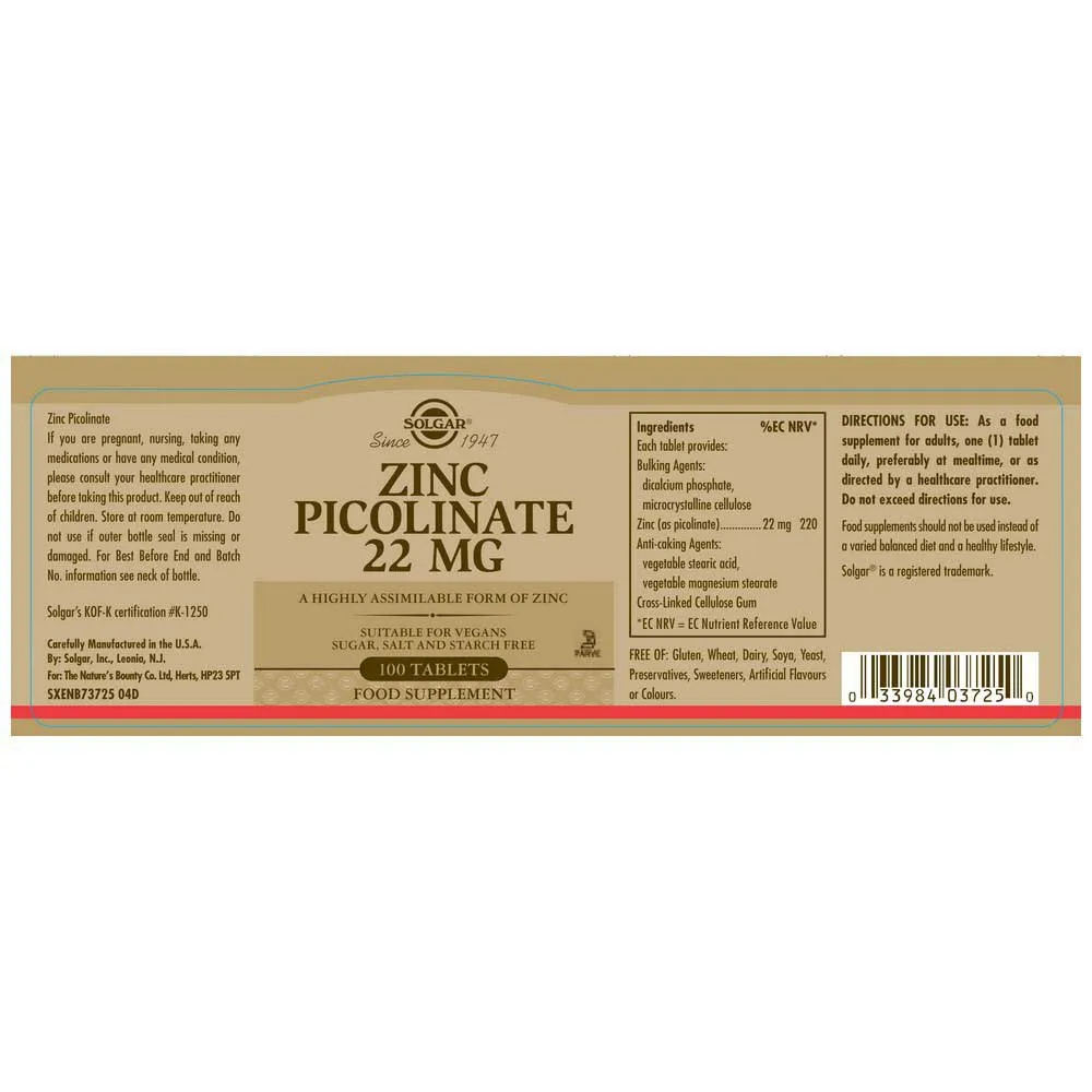 Solgar Zinc Picolinate 22mg Tabletter 100 Enheter, Brown, One Size Solgar Zinc Picolinate 22mg Tabletter 100 Enheter, Brown, One Size