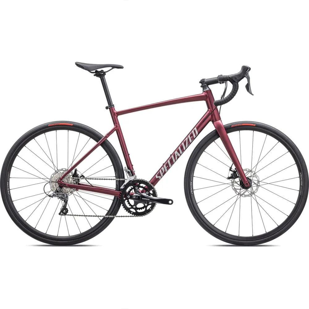Specialized Allez E5 Disc Claris 2023 Racercykel, Maroon / silver dust / flo red