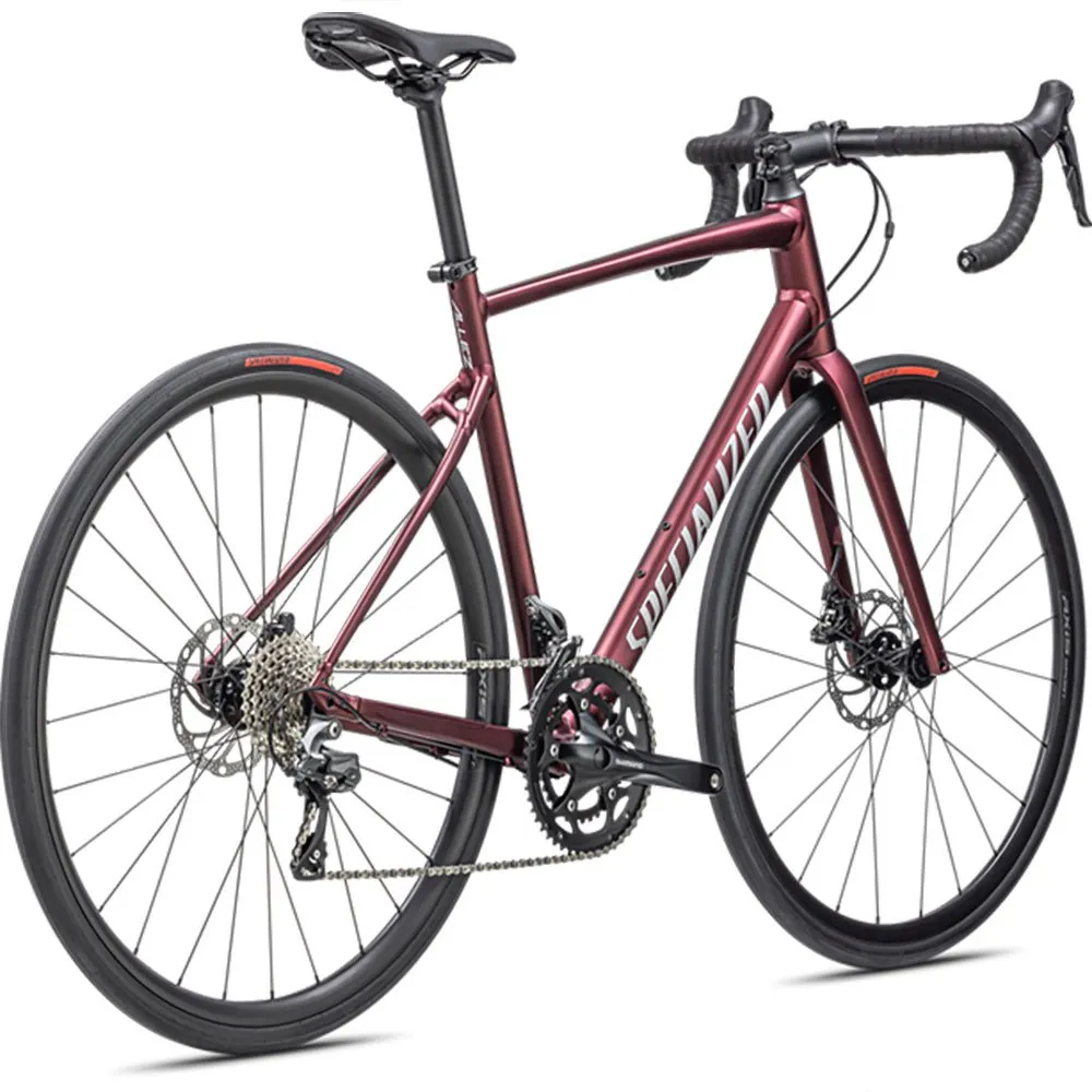 Specialized Allez E5 Disc Claris 2023 Racercykel, Maroon / silver dust / flo red