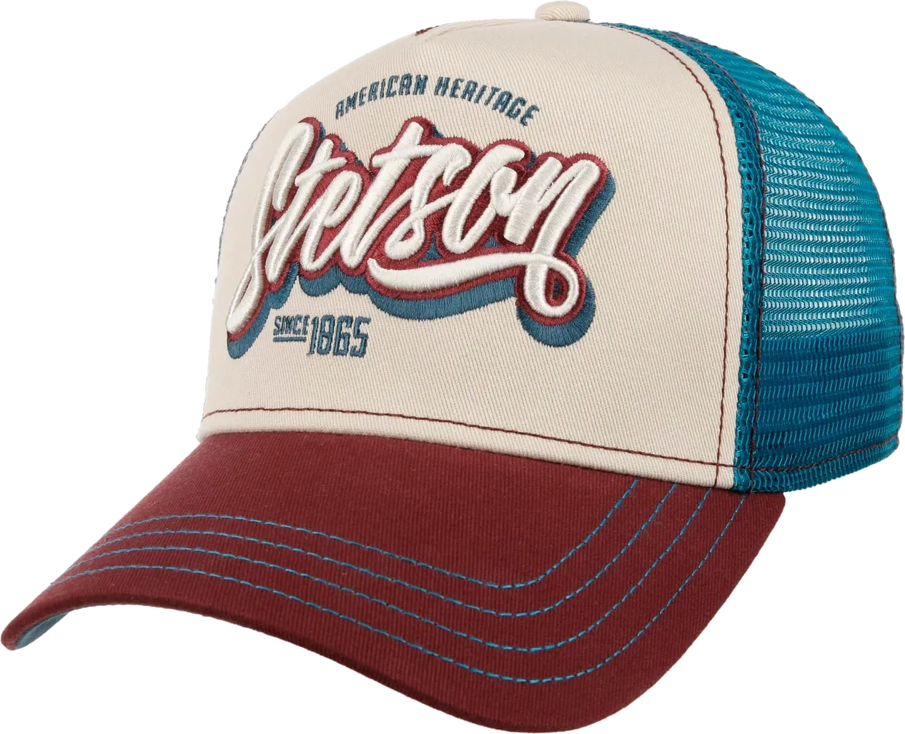 Stetson Wordmark Logo Trucker Cap, Wine/Off White/Blue Stetson Wordmark Logo Trucker Cap, Wine/Off White/Blue