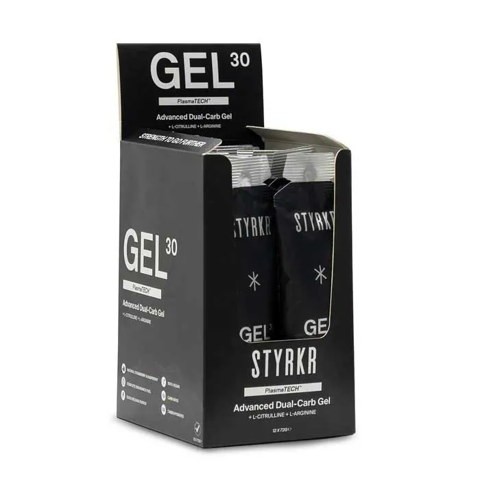 Styrkr Gel30 Dual-carb Låda Med Energigeler 72g 12 Enheter, Black / silver, One Size