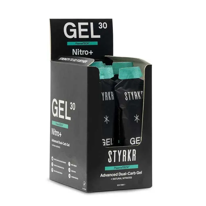 Styrkr Gel30 Nitro Dual-carb Låda Med Energigeler 72g 12 Enheter, Black / turquoise, One Size