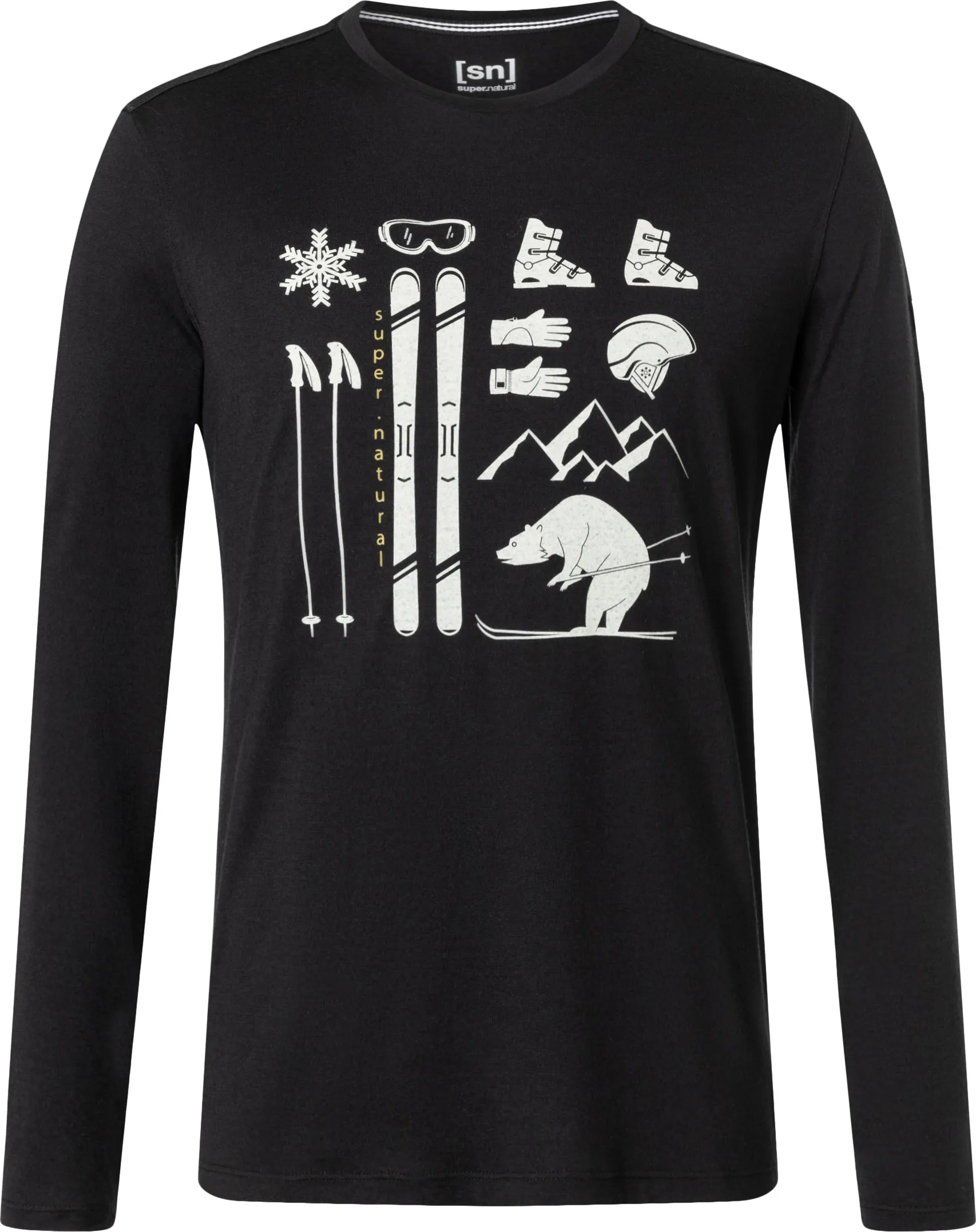 super.natural Men's Skiing Bear Long Sleeve, Jet Black/Feather Grey/Gold Flake super.natural Men's Skiing Bear Long Sleeve, Jet Black/Feather Grey/Gold Flake