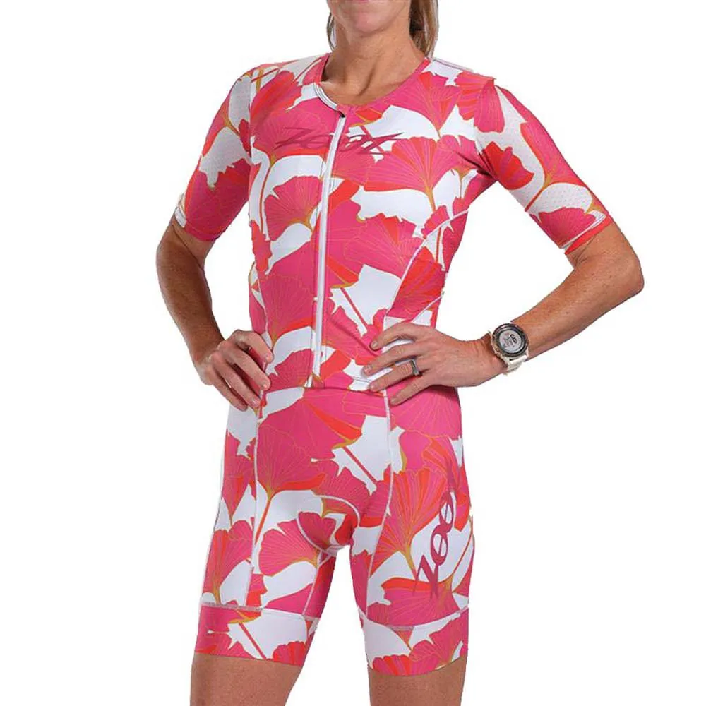 Zoot Aero Full Zip Blooms Kortärmad Triathlondräkt female, Pink / white Zoot Aero Full Zip Blooms Kortärmad Triathlondräkt female, Pink / white