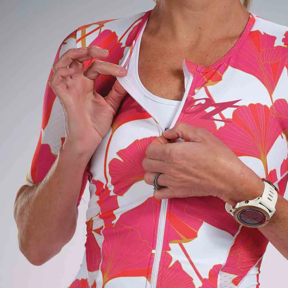 Zoot Aero Full Zip Blooms Kortärmad Triathlondräkt female, Pink / white Zoot Aero Full Zip Blooms Kortärmad Triathlondräkt female, Pink / white