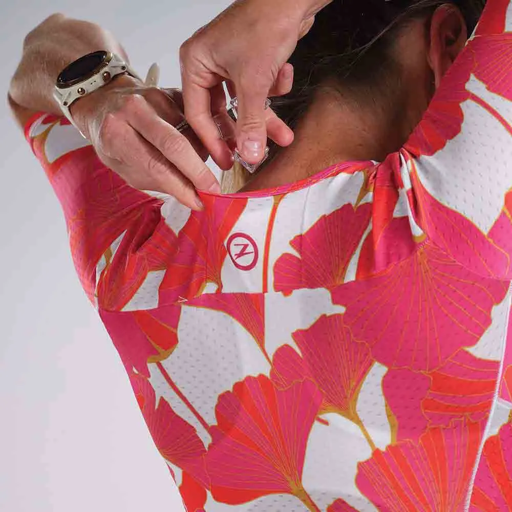 Zoot Aero Full Zip Blooms Kortärmad Triathlondräkt female, Pink / white Zoot Aero Full Zip Blooms Kortärmad Triathlondräkt female, Pink / white